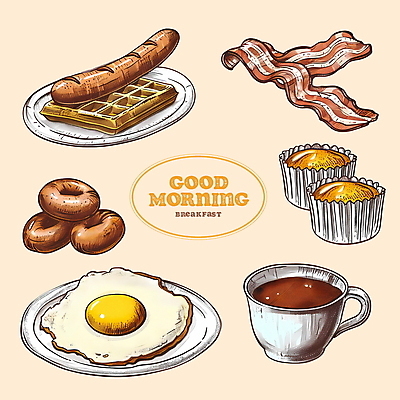 PSD 편집이미지 접시 커피 아침 사람없음 계란 분위기 도넛 아침식사 커피잔 계란프라이 디지털합성 머핀 베이컨 편집소스 이미지편집 주간 식기 음료 빵 컨셉 디저트 잔 돼지고기 알 식사 계란요리 파일형식