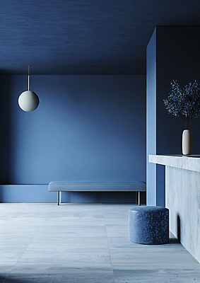 JPG 편집이미지 화초 의자 전등 그림자 사람없음 파란색 인테리어 꽃병 공간 오브젝트 감성 아일랜드식탁 카피스페이스 편집실사 AI포토 AI콘텐츠 식물 디자인 꽃 컬러 가구 컨셉 식탁 조명 공백 CG 파일형식