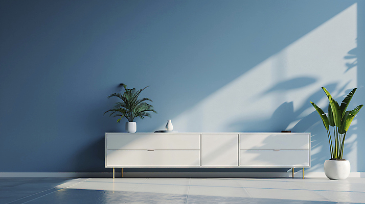 JPG 편집이미지 화분 화초 그림자 사람없음 파란색 인테리어 햇빛 공간 오브젝트 서랍장 감성 카피스페이스 편집실사 AI포토 AI콘텐츠 식물 디자인 컬러 가구 컨셉 태양 공백 CG 파일형식