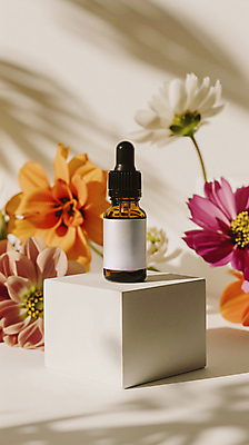 JPG 편집이미지 꽃 자연 그림자 사람없음 분위기 오일 병 스포이트 향기 아로마 단상 편집실사 AI포토 AI콘텐츠 식물 식기 음식 컨셉 화장품 CG 생태계 냄새 피펫 파일형식