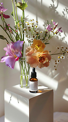 JPG 편집이미지 꽃 자연 그림자 사람없음 꽃병 분위기 오일 병 스포이트 향기 아로마 단상 편집실사 AI포토 AI콘텐츠 식물 식기 음식 컨셉 화장품 CG 생태계 냄새 피펫 파일형식