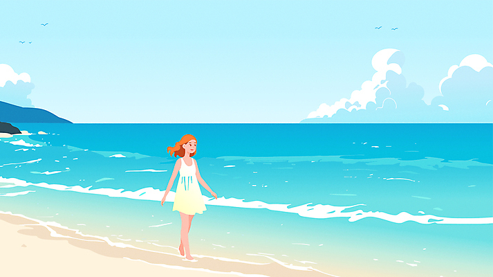 전신 구름 여자 파도 백그라운드 일러스트 하늘 산 한명 성인 파란색 여름휴가 모래사장 걷기 여름풍경 산책 시원함 구경 상쾌 감성 성인여자한명만 여름배경 국내일러스트 AI파일 자연요소 1 감정 바다 컬러 컨셉 모션 휴가 휴식 사람 풍경 여자한명만 성인여자만 파일형식 벡터 여름_계절