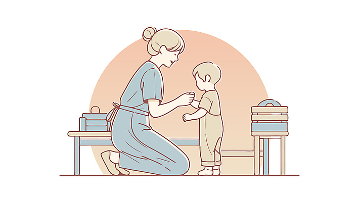 전신 여자 남자 어린이 의자 일러스트 놀이 탁자 엄마 서기 미소 앉기 소년 성인 두명 육아 돌봄 국내일러스트 AI파일 가구 가족 모션 표정 사람 파일형식 벡터