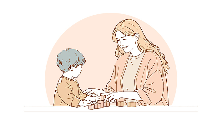 여자 남자 어린이 일러스트 놀이 엄마 미소 앉기 소년 상반신 성인 두명 마주보기 블록 육아 돌봄 블록쌓기 국내일러스트 AI파일 가족 모션 표정 사람 쌓기 파일형식 벡터