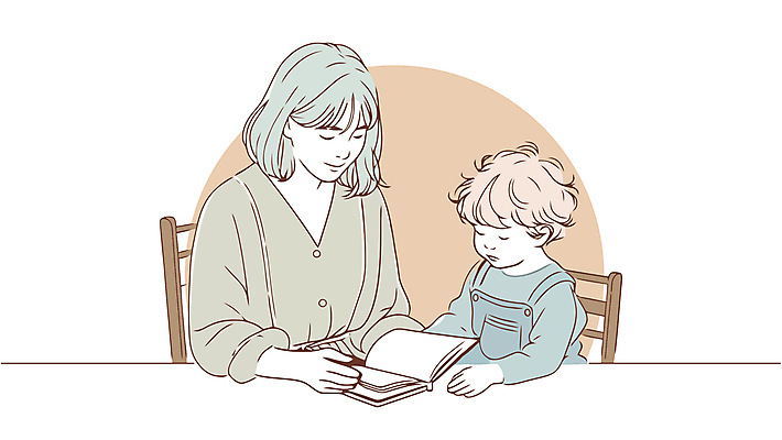 여자 남자 어린이 의자 일러스트 놀이 엄마 앉기 소년 상반신 성인 두명 책 독서 마주보기 눈감음 육아 읽기 돌봄 국내일러스트 AI파일 가구 가족 모션 사람 파일형식 벡터