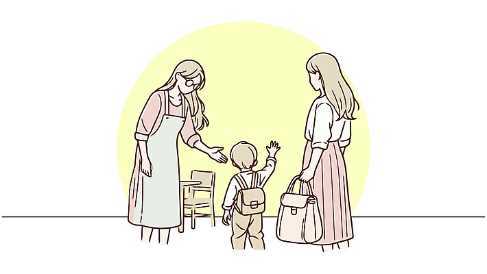 전신 여자 남자 안경 어린이 의자 가방 일러스트 놀이 엄마 들기 소년 상반신 성인 세명 앞치마 인사 출근 등교 보육교사 국내일러스트 AI파일 잡화 가구 가족 모션 사람 교사 예절 출퇴근 등하교 파일형식 벡터