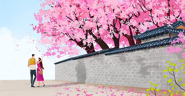 전신 PSD 구름 커플 여자 남자 꽃잎 분홍색 데이트 일러스트 하늘 성인 두명 담장 마주보기 걷기 산책 벚꽃 성인만 기와담장 봄배경 국내일러스트 자연요소 꽃 컬러 백그라운드 관계 모션 휴식 기와 사람 봄 파일형식
