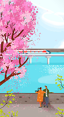 PSD 여자 남자 분홍색 일러스트 돌담 성인 두명 강 마주보기 기댐 기차 벚꽃 가교 성인만 봄배경 국내일러스트 건축물 꽃 육상교통 컬러 백그라운드 모션 대중교통 사람 담장 봄 돌_바위 파일형식