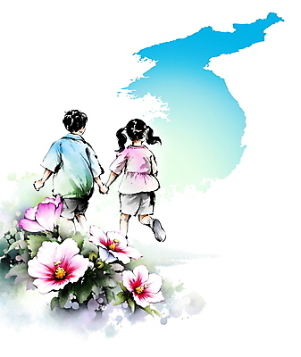 전신 PSD 여자 남자 꽃잎 어린이 잎 일러스트 캘리그라피 한국 국화 소녀 소년 두명 컬러풀 달리기 손잡기 동양화 번짐 무궁화 한반도 어린이만 국내일러스트 식물 꽃 아시아 컬러 모션 미술 사람 파일형식 효과