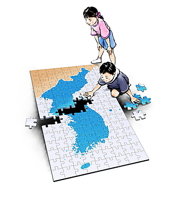 전신 PSD 여자 남자 어린이 조각 지도 일러스트 캘리그라피 한국 들기 소녀 소년 두명 컬러풀 퍼즐 동양화 번짐 한반도 38선 맞추기 휴전선 어린이만 국내일러스트 아시아 컬러 모션 미술 사람 전쟁 파일형식 효과
