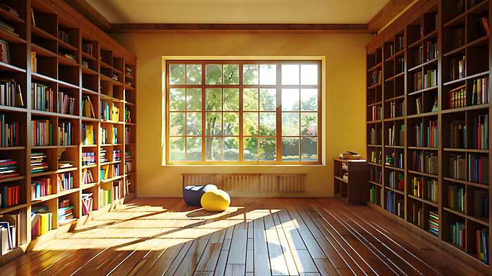 JPG 편집이미지 학생 의자 창문 책장 실내 그림자 사람없음 책 독서 햇빛 도서관 디지털합성 창의력 편집실사 AI포토 AI콘텐츠 교육 가구 내부 태양 CG 파일형식