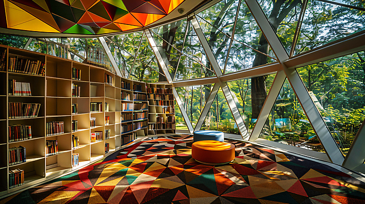 JPG 편집이미지 학생 의자 창문 책장 실내 그림자 사람없음 책 독서 햇빛 도서관 숲 디지털합성 창의력 편집실사 AI포토 AI콘텐츠 교육 가구 내부 태양 CG 파일형식