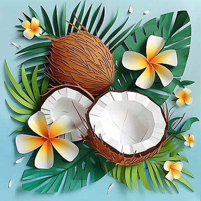 JPG 편집이미지 종이 잎 단면 사람없음 여름 페이퍼아트 열대과일 코코넛 몬스테라 편집실사 AI포토 AI콘텐츠 식물 계절 과일 CG 파일형식