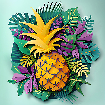 JPG 편집이미지 종이 잎 사람없음 여름 페이퍼아트 파인애플 몬스테라 편집실사 AI포토 AI콘텐츠 식물 계절 과일 CG 열대과일 파일형식