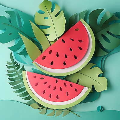 JPG 편집이미지 종이 잎 단면 수박 사람없음 여름 페이퍼아트 몬스테라 편집실사 AI포토 AI콘텐츠 식물 계절 과일 CG 파일형식