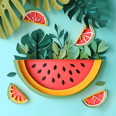 JPG 편집이미지 종이 잎 단면 수박 사람없음 여름 페이퍼아트 몬스테라 편집실사 AI포토 AI콘텐츠 식물 계절 과일 CG 파일형식
