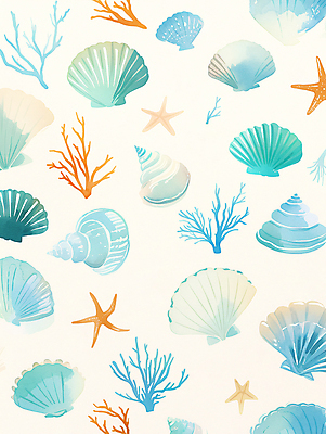 JPG 바다 패턴 일러스트 자연 조개 수채화 불가사리 사람없음 여름 조개껍데기 산호 시원함 질감 국내일러스트 AI일러스트 AI콘텐츠 계절 무늬 어패류 극피동물 자포동물 생태계 파일형식