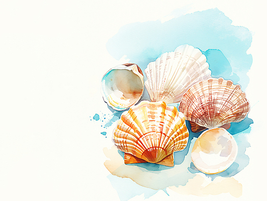 JPG 바다 일러스트 자연 조개 수채화 사람없음 여름 조개껍데기 시원함 질감 청량 국내일러스트 AI일러스트 AI콘텐츠 계절 어패류 생태계 파일형식