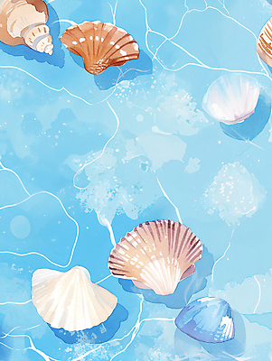 JPG 물결 바다 일러스트 자연 조개 수채화 사람없음 여름 조개껍데기 시원함 질감 청량 국내일러스트 AI일러스트 AI콘텐츠 계절 어패류 생태계 파일형식