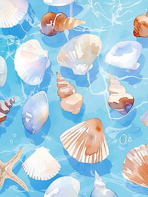 JPG 물결 바다 일러스트 자연 조개 수채화 사람없음 여름 조개껍데기 시원함 질감 청량 국내일러스트 AI일러스트 AI콘텐츠 계절 어패류 생태계 파일형식