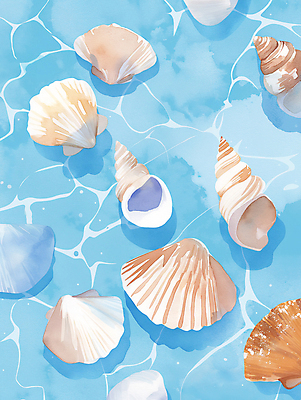 JPG 물결 바다 일러스트 자연 조개 수채화 사람없음 여름 조개껍데기 시원함 질감 청량 국내일러스트 AI일러스트 AI콘텐츠 계절 어패류 생태계 파일형식