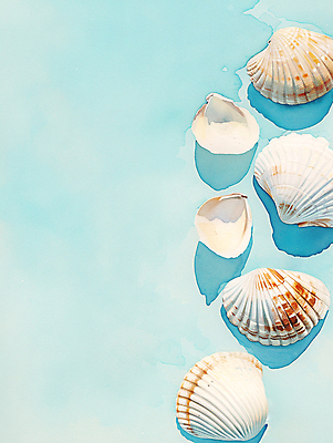 JPG 바다 일러스트 자연 조개 수채화 사람없음 여름 조개껍데기 시원함 질감 청량 국내일러스트 AI일러스트 AI콘텐츠 계절 어패류 생태계 파일형식