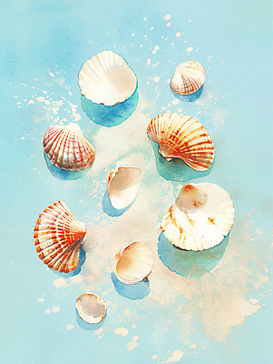 JPG 바다 일러스트 자연 조개 수채화 사람없음 여름 조개껍데기 시원함 질감 청량 국내일러스트 AI일러스트 AI콘텐츠 계절 어패류 생태계 파일형식