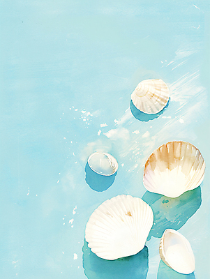 JPG 바다 일러스트 자연 조개 수채화 사람없음 여름 조개껍데기 시원함 질감 청량 국내일러스트 AI일러스트 AI콘텐츠 계절 어패류 생태계 파일형식