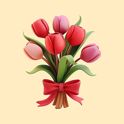 PSD 편집이미지 꽃잎 리본 꽃다발 잎 사람없음 빨간색 3D 튤립 개화 편집3D 식물 꽃 컬러 디지털합성 파일형식