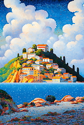 JPG 나무 구름 바다 백그라운드 일러스트 자연 하늘 주택 사람없음 파란색 평화 마을 어울림 국내일러스트 AI일러스트 AI콘텐츠 자연요소 식물 컬러 컨셉 모션 건물 생태계 파일형식