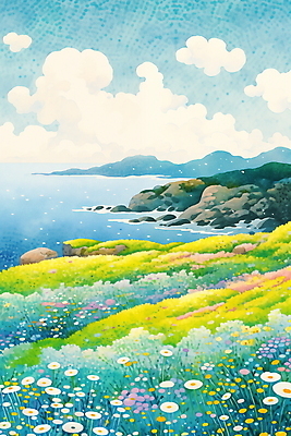JPG 구름 여유 백그라운드 꽃밭 일러스트 자연 하늘 해변 사람없음 초록색 평화 봄 들꽃 국내일러스트 AI일러스트 AI콘텐츠 자연요소 계절 꽃 감정 바다 컬러 컨셉 생태계 파일형식