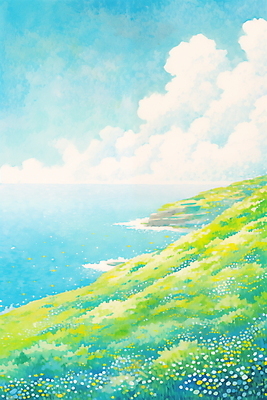 JPG 나무 구름 하늘색 백그라운드 꽃밭 일러스트 자연 하늘 해변 사람없음 평화 봄 들꽃 국내일러스트 AI일러스트 AI콘텐츠 자연요소 식물 계절 꽃 바다 컨셉 파란색 생태계 파일형식