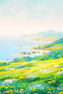 JPG 나무 구름 여유 백그라운드 꽃밭 일러스트 자연 하늘 해변 사람없음 평화 주황색 들꽃 국내일러스트 AI일러스트 AI콘텐츠 자연요소 식물 꽃 감정 바다 컬러 컨셉 생태계 파일형식