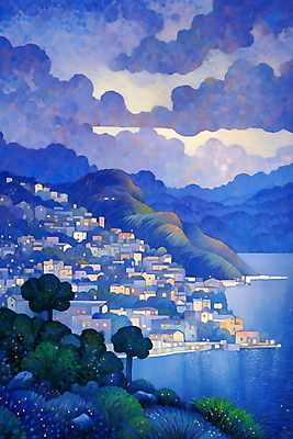 JPG 나무 구름 바다 백그라운드 일러스트 자연 하늘 사람없음 파란색 평화 마을 일몰 저녁 국내일러스트 AI일러스트 AI콘텐츠 자연요소 식물 컬러 컨셉 노을 야간 생태계 파일형식