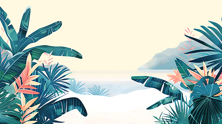 PSD 모래 일러스트 자연 하늘 휴식 나뭇잎 열대 산 풍경 해변 사람없음 초록색 여름 강 풀 카피스페이스 트로피컬아트 국내일러스트 식물 계절 바다 컬러 컨셉 잎 공백 그림 생태계 파일형식