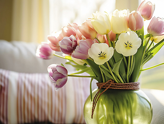 JPG 편집이미지 꽃 백그라운드 쿠션 실내 사람없음 빛 인테리어 소파 꽃병 봄 공간 우아함 노끈 편집실사 AI포토 AI콘텐츠 식물 디자인 계절 줄 컨셉 의자 내부 CG 파일형식