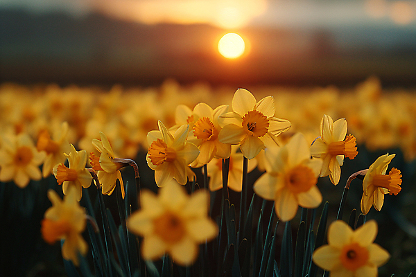 JPG 식물 편집이미지 백그라운드 자연 풍경 사람없음 태양 노란색 노을 화려 디지털합성 수선화 편집실사 AI포토 AI콘텐츠 자연요소 꽃 컬러 컨셉 CG 생태계 파일형식