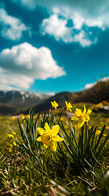 JPG 식물 구름 편집이미지 백그라운드 자연 하늘 산 풍경 사람없음 노란색 화려 디지털합성 수선화 편집실사 AI포토 AI콘텐츠 자연요소 꽃 컬러 컨셉 CG 생태계 파일형식