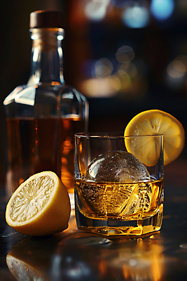 JPG 편집이미지 음료 조각 단면 술병 잔 사람없음 얼음 알코올 분위기 레몬 디지털합성 보케 위스키 하이볼 편집실사 AI포토 AI콘텐츠 자연요소 식기 컨셉 과일 병_용기 주류 칵테일 CG 파일형식