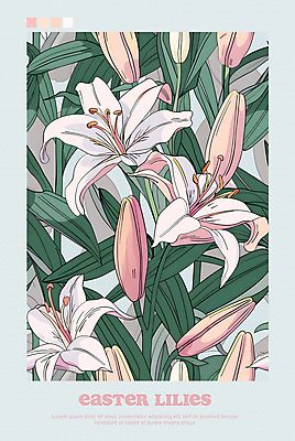 PSD 편집이미지 포스터 분홍색 하늘색 백그라운드 잎 사람없음 백합 꽃봉오리 이미지편집 식물 꽃 컬러 파란색 파일형식