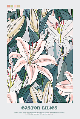 PSD 편집이미지 포스터 분홍색 하늘색 백그라운드 잎 사람없음 백합 꽃봉오리 이미지편집 식물 꽃 컬러 파란색 파일형식