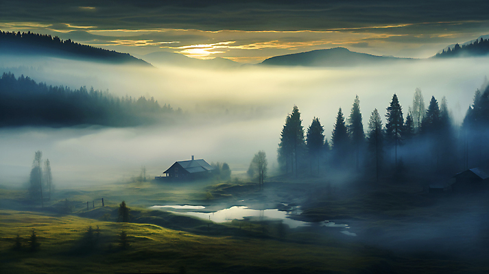 JPG 나무 편집이미지 호수 백그라운드 자연 산 주택 풍경 사람없음 반사 노을 안개 숲 편집실사 AI포토 AI콘텐츠 자연요소 식물 날씨 건물 CG 생태계 파일형식