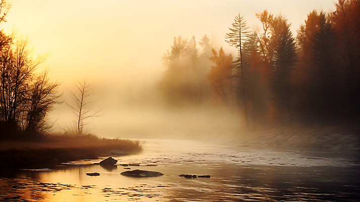 JPG 나무 편집이미지 물결 백그라운드 자연 풍경 사람없음 반사 노을 안개 숲 강가 편집실사 AI포토 AI콘텐츠 자연요소 식물 날씨 강 CG 생태계 파일형식