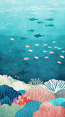 PSD 바다 백그라운드 일러스트 자연 풍경 사람없음 물 파란색 바닷속 해초 산호 열대어 말미잘 물고기떼 국내일러스트 자연요소 컬러 어류 수중 해조류 자포동물 생태계 파일형식