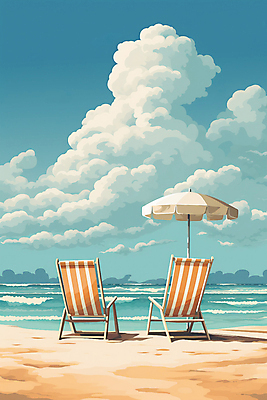JPG 구름 포스터 백그라운드 의자 일러스트 자연 하늘 풍경 해변 사람없음 여름 파라솔 국내일러스트 AI일러스트 AI콘텐츠 자연요소 계절 바다 가구 생태계 파일형식