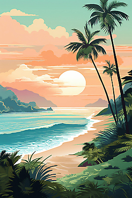 JPG 나무 구름 포스터 파도 백그라운드 일러스트 자연 하늘 풍경 해변 사람없음 여름 야자수 노을 국내일러스트 AI일러스트 AI콘텐츠 자연요소 식물 계절 바다 생태계 파일형식
