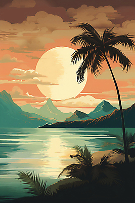 JPG 나무 구름 포스터 물결 백그라운드 일러스트 자연 하늘 풍경 해변 사람없음 여름 야자수 반사 노을 국내일러스트 AI일러스트 AI콘텐츠 자연요소 식물 계절 바다 생태계 파일형식