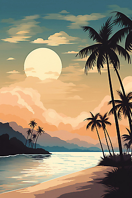 JPG 나무 구름 포스터 물결 백그라운드 일러스트 자연 하늘 풍경 해변 사람없음 여름 야자수 노을 국내일러스트 AI일러스트 AI콘텐츠 자연요소 식물 계절 바다 생태계 파일형식