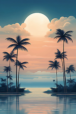 JPG 나무 구름 무료이미지 포스터 물결 백그라운드 일러스트 자연 하늘 풍경 해변 사람없음 여름 야자수 반사 노을 국내일러스트 AI일러스트 AI콘텐츠 자연요소 식물 계절 바다 생태계 파일형식