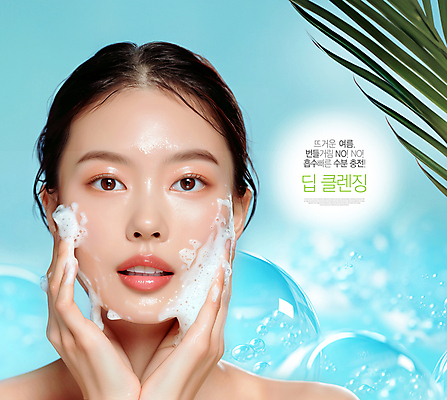 PSD 편집이미지 여자 얼굴 한명 손짓 상반신 성인 뷰티 깨끗함 거품 물방울 세수 수분 클렌징 야자수잎 클렌징폼 의료성형뷰티 성인여자한명만 수분케어 이미지편집 1 컨셉 잎 모션 관리 사람 신체부위 청결 세안용품 여자한명만 성인여자만 파일형식